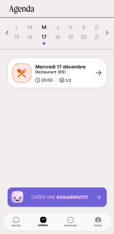 Écran Agenda : la sortie confirmée apparaît au calendrier de la semaine.