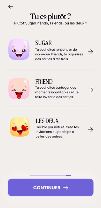 Écran de l’app SugarFriend : choix du rôle Sugar, Friend ou les deux, illustré par les mascottes sucres.