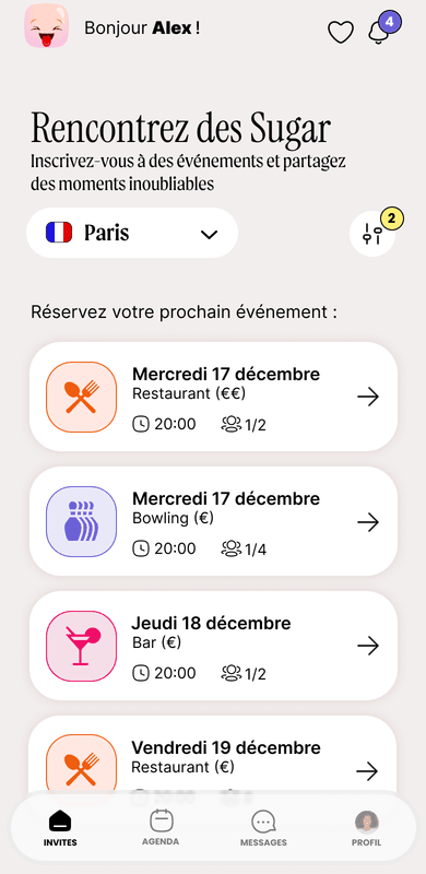 Écran Invites côté Friend : SugarInvites proposées à Paris — restaurant, bowling, bar — avec date, heure et places disponibles.