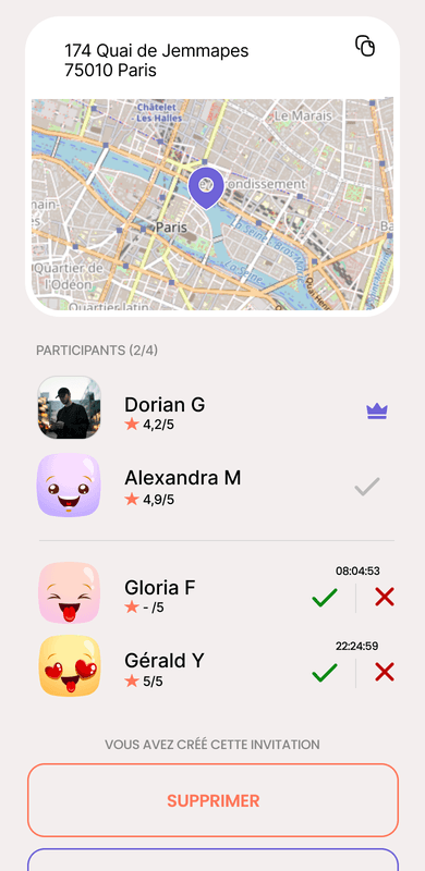 Fiche d’une SugarInvite côté Sugar : adresse et carte du lieu, participants confirmés et candidatures à accepter ou refuser.