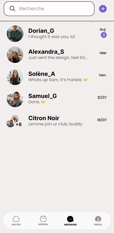 Écran Messages de l’app : liste des conversations avec les Friends.