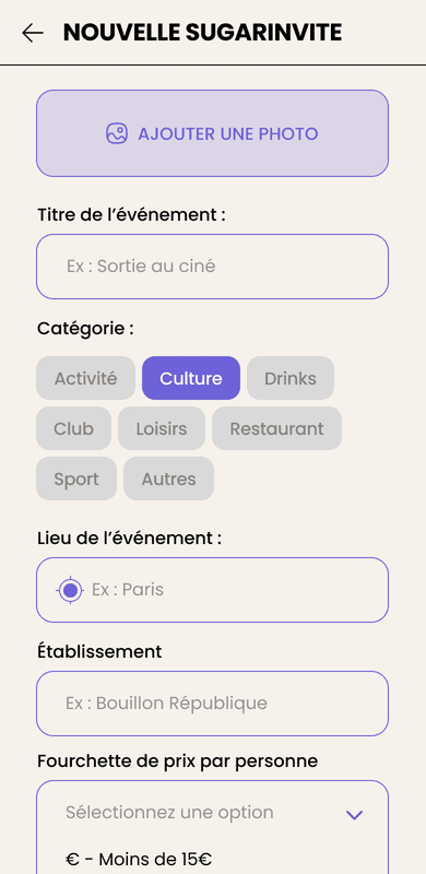Écran « Nouvelle SugarInvite » : formulaire de création avec photo, titre, catégorie, lieu et établissement.