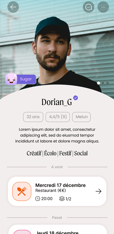 Profil d’un Sugar dans l’app : badge certifié, note moyenne publique, âge, ville et centres d’intérêt.